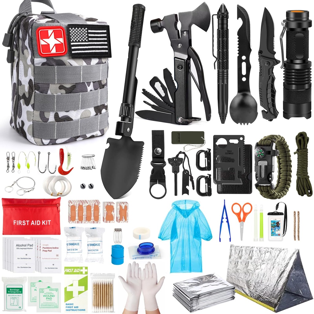 Survival Kit, 251 Pcs Survival Gear Emergency Supplies First Aid Kit | Emergency Survival Kit Camping Essentials Hiking Gear Bug Out Bag, Gifts for Men Dad, Camouflage