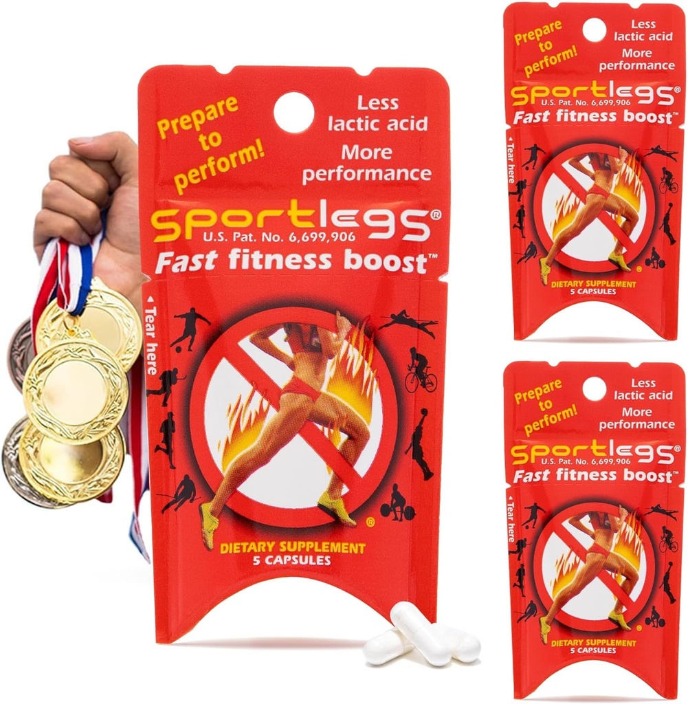SPORTLEGS Fast Fitness Boost Pre Antrenament pentru bărbaţi şi femei, Acid lactic Supliment, Sports Endurance Fuel Suplimente de anduranţă pentru Runners - 5-Cap Packet, Pachet de proces de 3