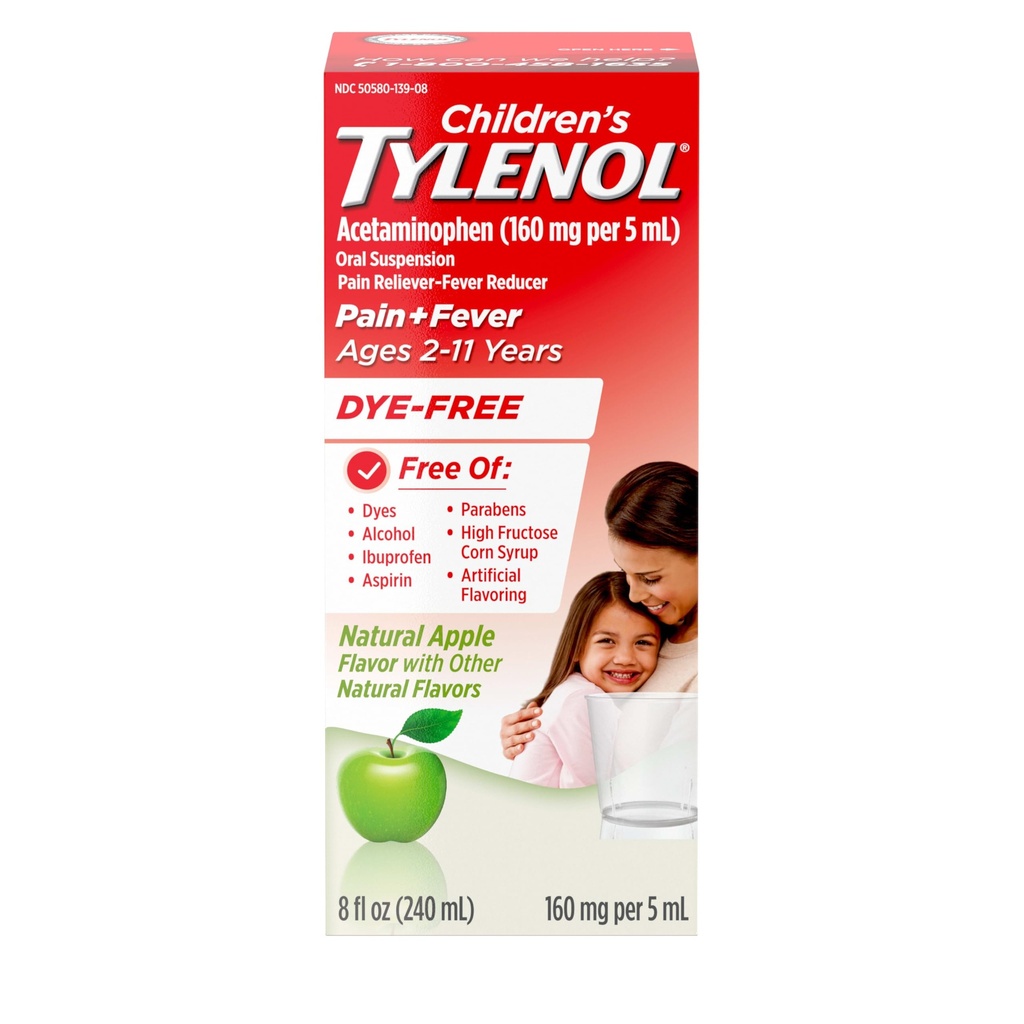 Children's Tylenol Acetaminophen Oral Suspension, Dye-Free, Apple, 8 fl. oz | Pain Relief & Fever Medicine, Aspirin-Free, Ibuprofen-Free, High Fructose Corn Syrup-Free