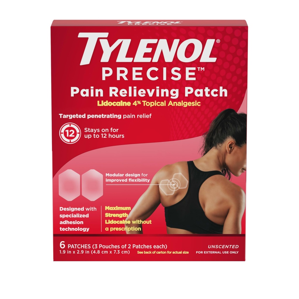Tylenol Precise Pain Relieving Patches, Topical Analgesic Patches + Maximum OTC Strength Lidocaine Penetrates, Targeted Relief Ideal for Shoulder, Back & Knee Pain, Unscented, 3 x 2 ct