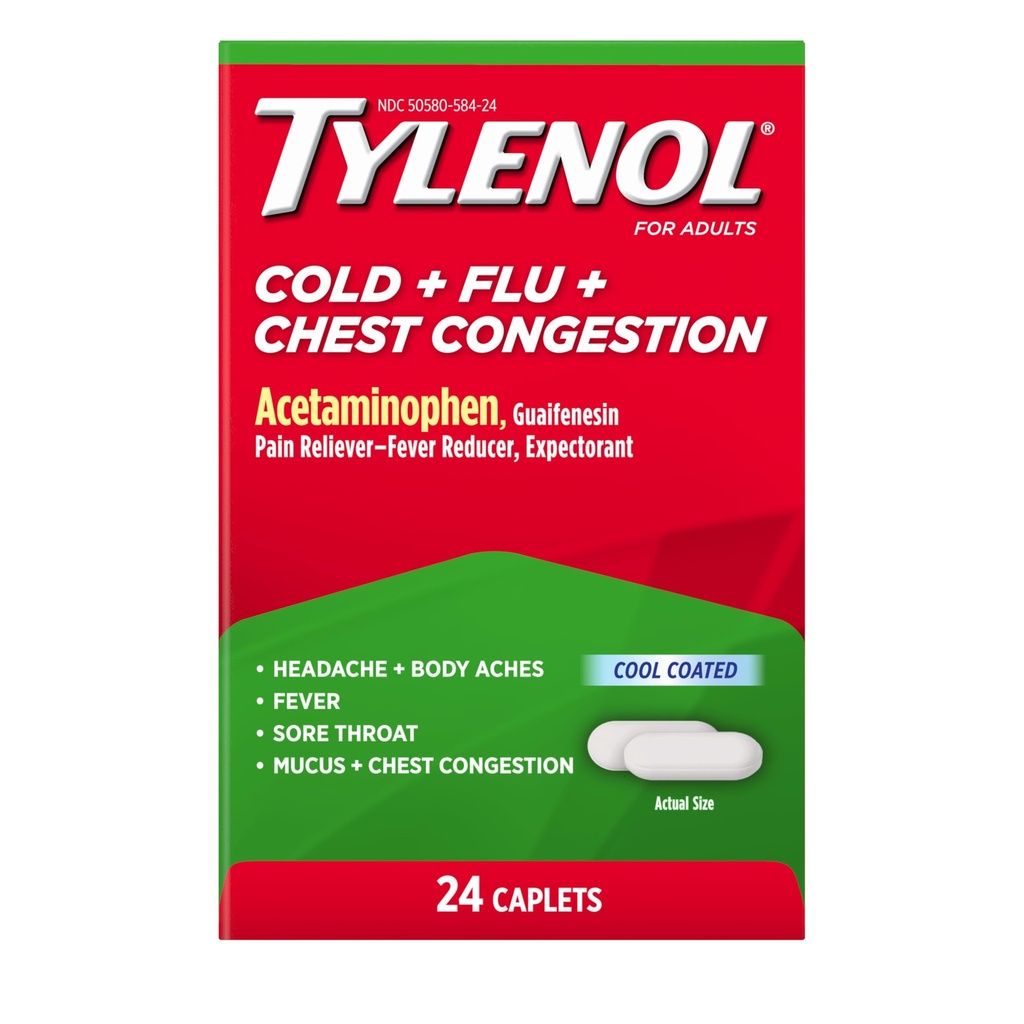 Tylenol Cold + Flu + Chest Congestion Caplets, 24 ct | Acetaminophen 325 mg & Guaifenesin 200 mg, Pain Reliever, Fever Reducer, Expectorant for Mucus Relief