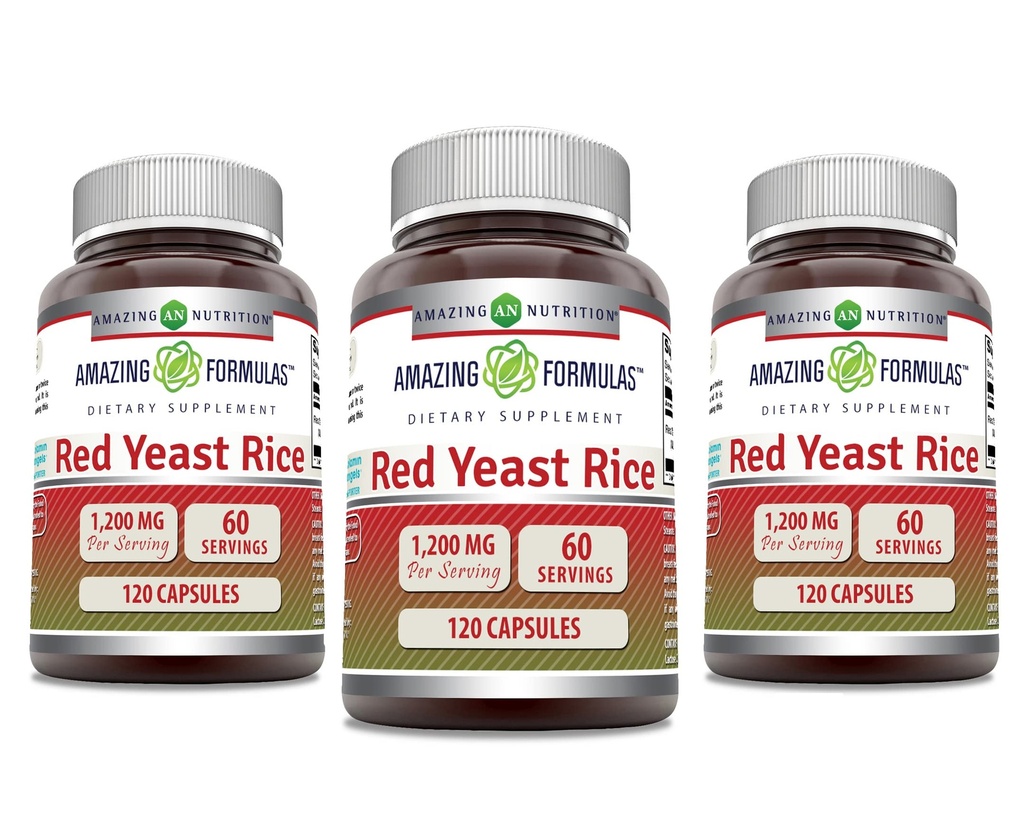 Amazing Formulas Red Yeast Rice 1200mg Per Serving Capsules Supplement | Non-GMO | Gluten Free | Made in USA (120 Count, 3 Pack)
