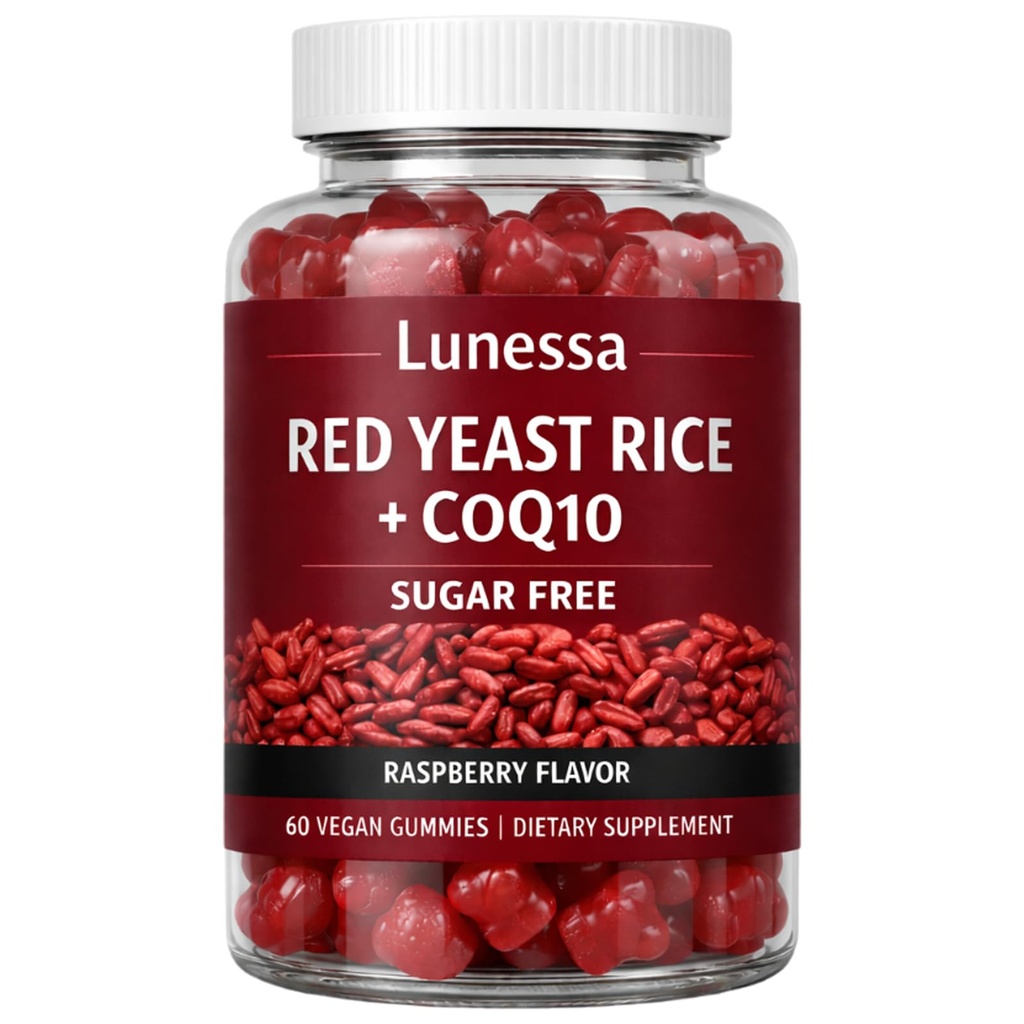 Lunessa Red Yeast Rice, with Red Yeast Rice 2400mg, CoQ10 200mg, Restores Body Vitality & Maintains Healthy Cholesterol Levels for Men & Women, Non-GMO, Vegan, Raspberry Flavor, 60 Gummies (1)
