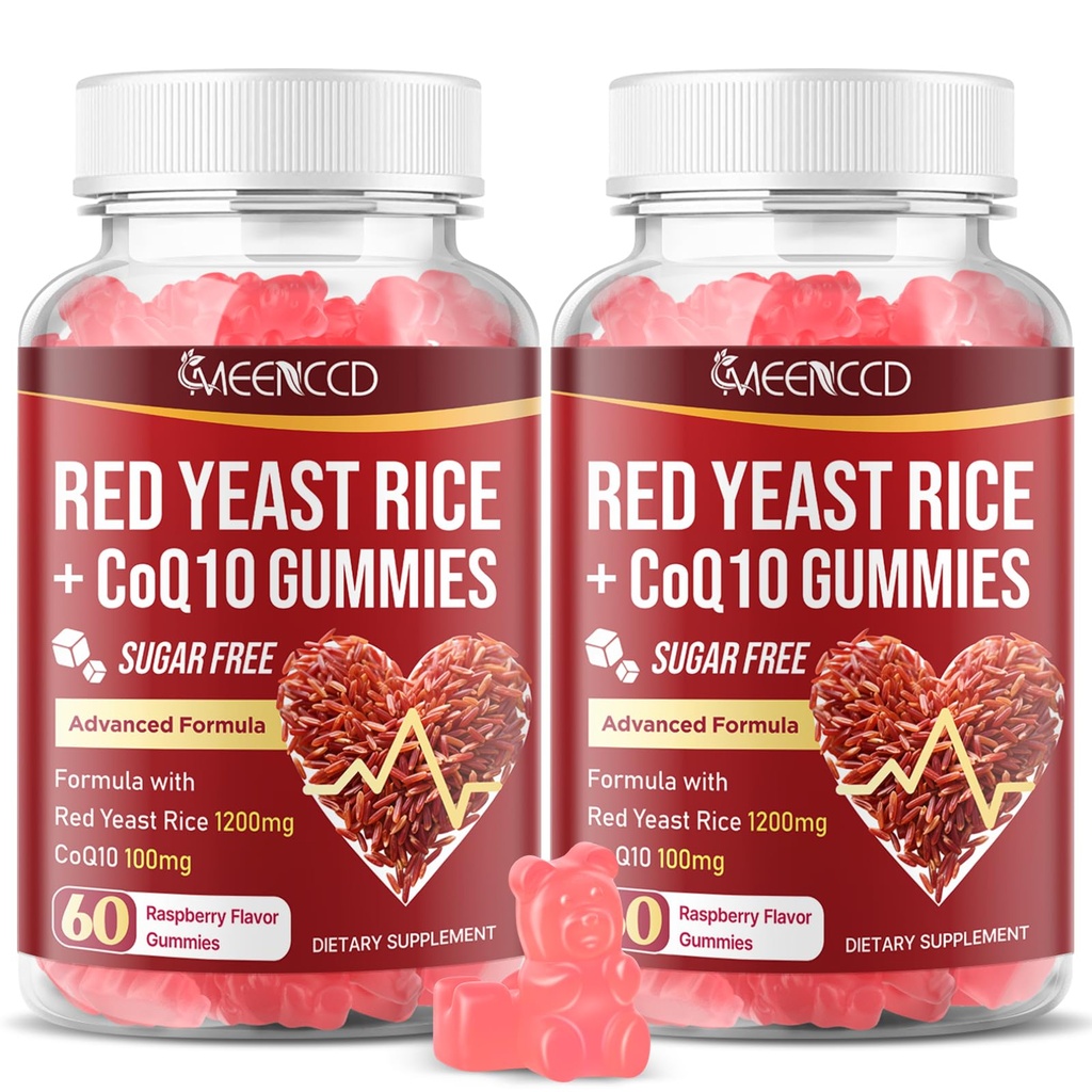 MEENCCD 2 Pack Red Yeast Rice with CoQ10 Gummies, Red Yeast Rice Supplement with Coenzyme Q10 for Overall Well-Being, Sugar Free, Vegan, Raspberry Flavor, 120 Count