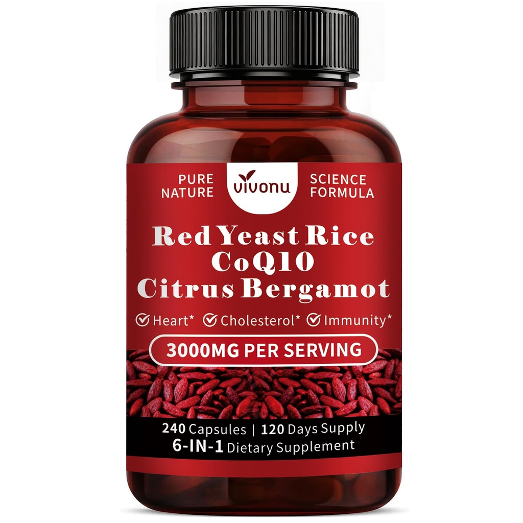 VivoNu Red Yeast Rice with CoQ10,Citrus Bergamot Supplement - 240 Capsules | Advanced Heart* & Healthy Cholesterol* Levels Support Formula with Citrus Bergamot, Phytosterols, Garlic Extract & Niacin