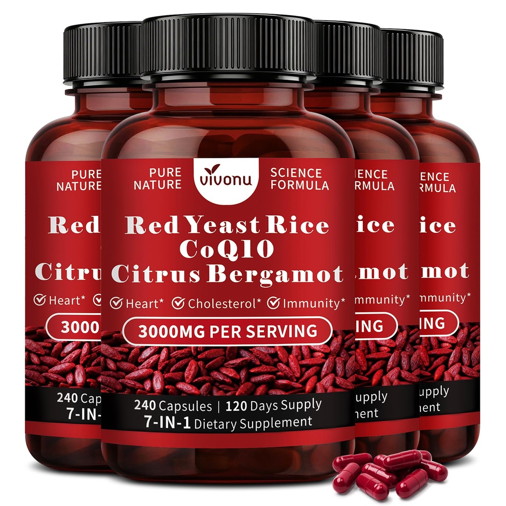 VivoNu Red Yeast* Rice with CoQ10*, Citrus Bergamot Supplements* (4 Bottle | 960Capsules)