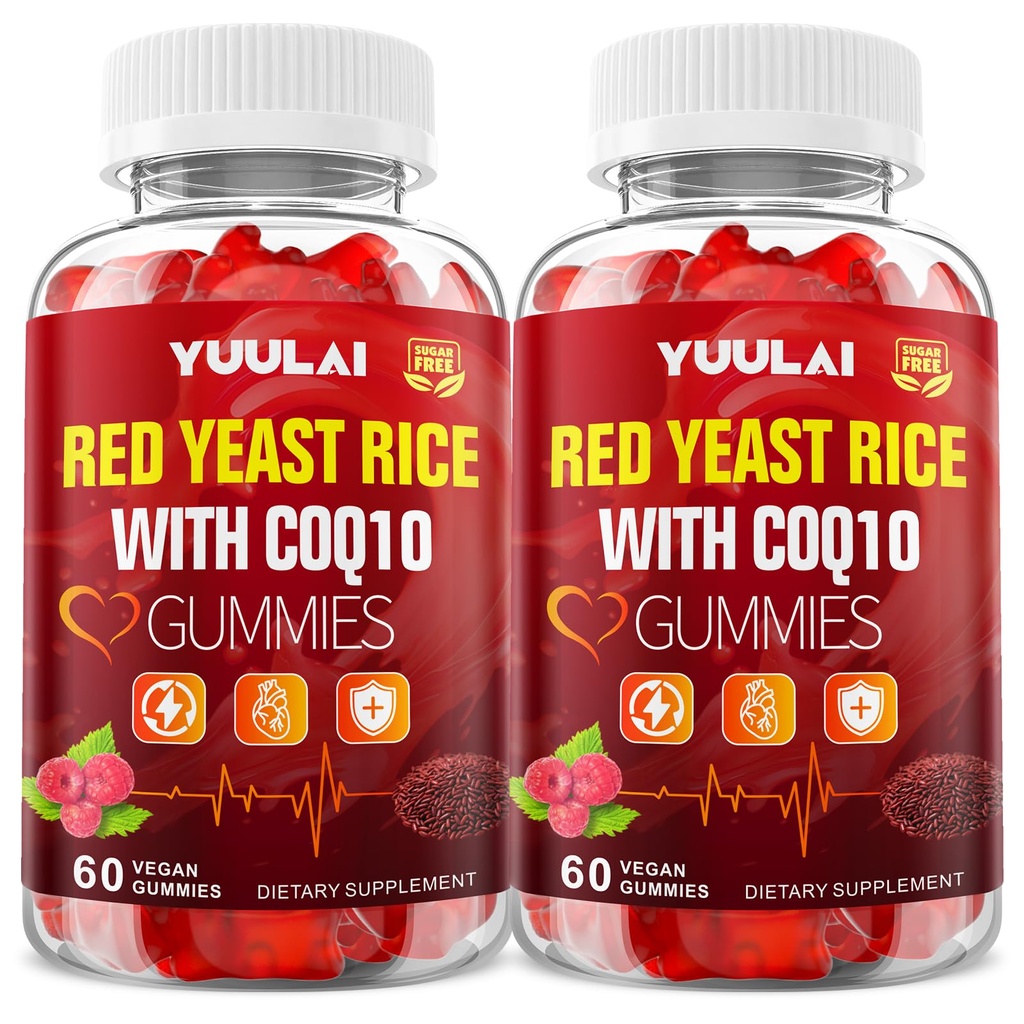 2 Pack Red Yeast Rice with Coq10 Gummies, Red Yeast Rice Supplement for Overall Health, Sugar Free, Vegan, Raspberry Flavor, 120 Count