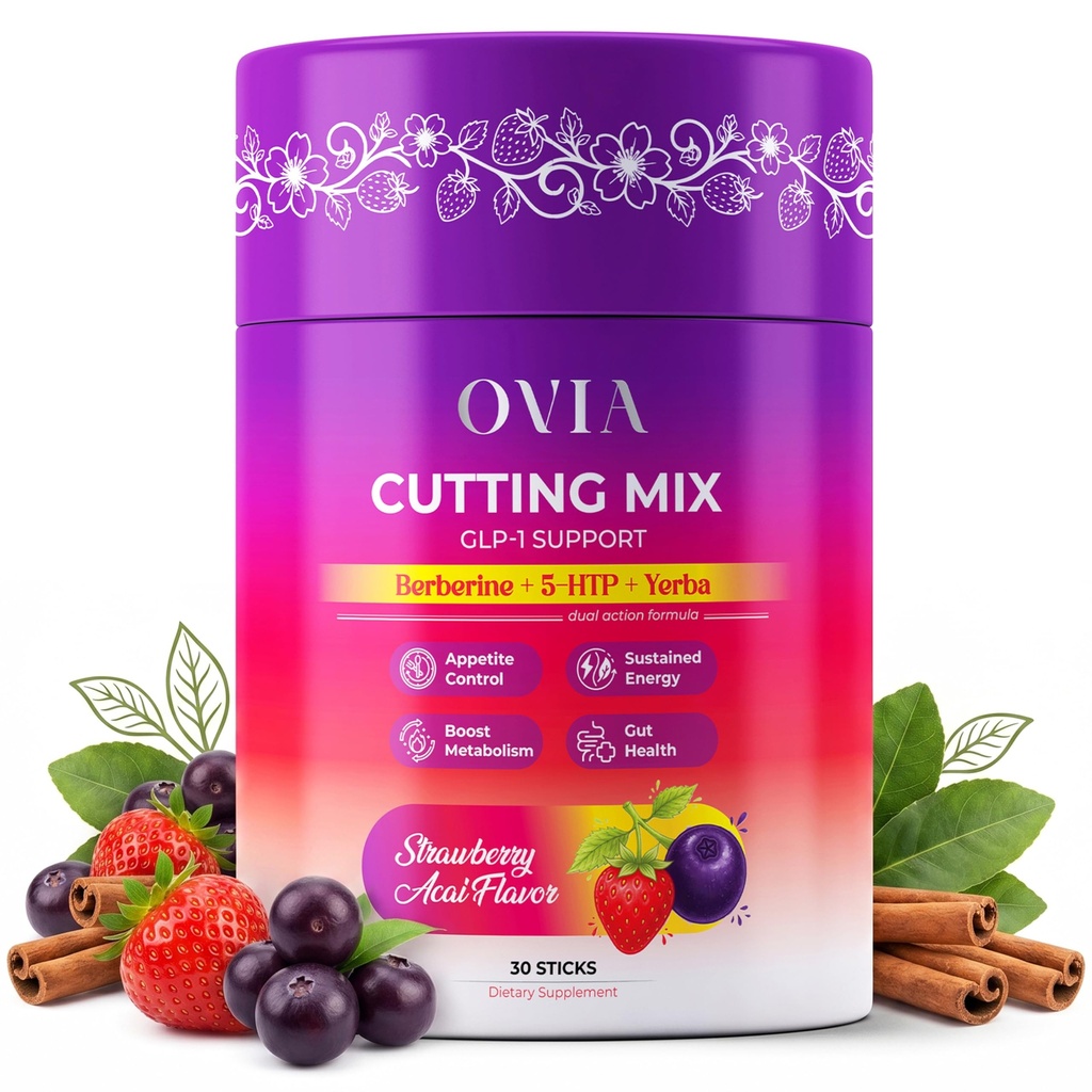 OVIA Cutting Mix Craving Control & Weight Management Powder with Yerba Mate, Berberine, 5-HTP, Inulin FOS, L-Theanine, Chromium, Cinnamon & Ginger - Strawberry Acai - 30 Sticks