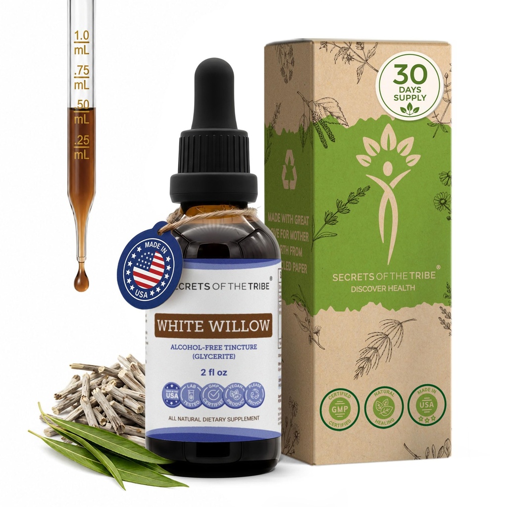 White Willow Alcohol-Free Liquid Extract, Organic White Willow (Salix Alba) Dried Bark Tincture Supplement (2 FL OZ)