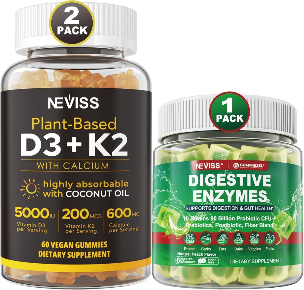 NEVISS Vitamin D3 5000iu & K2, Calciumgummis & Digestive Enzyme Gummis