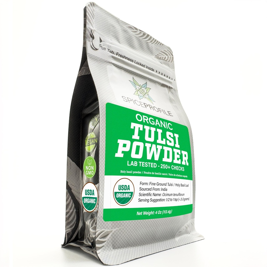 Spice Profile Organic Holy Basil Powder | 4 oz | Lab Tested | Aromatic, Herbaceous Flavor | Made From Indian Tulsi Leaves | Great For Herbal Teas, Smoothies, Wellness Blends & Recipes