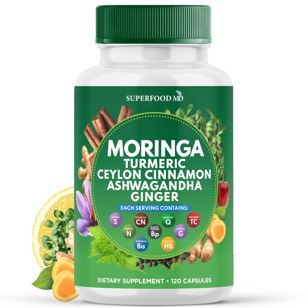 Moringa Supplement | Turmeric, Ginger, Boswellia, Saffron, Holy Basil, Nettle -Support Supplement for Women and Men with Ceylon Cinnamon, Quercetin, Tart Cherry- 120 Capsules