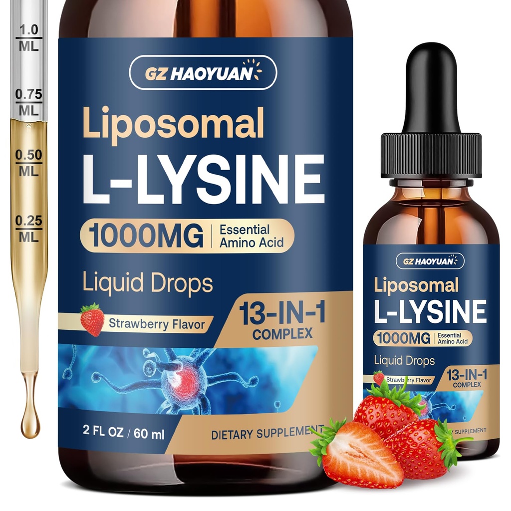 Liposomal L-lysine 1000MG Liquid Drops, 13-in-1 Lysine Monolaurin Supplements – Olive Leaf Extract with Vitamin C, B6, D3, B12 & Zinc for Collagen, Lip, Skin & Immune Support,Strawberry Flavor,2Fl Oz