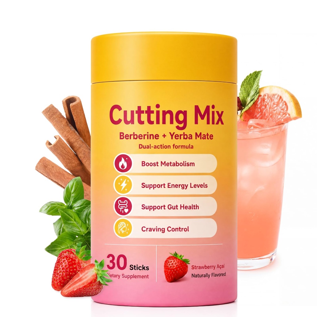 Cutting Drink Mix – Craving & Metabolism Support, Strawberry Açaí 30 Sticks | Dual-Action Formula with Magnesium, Berberine, Chromium, FOS, Yerba Mate & 5-HTP | Sugar-Free, Vegan, Non-GMO