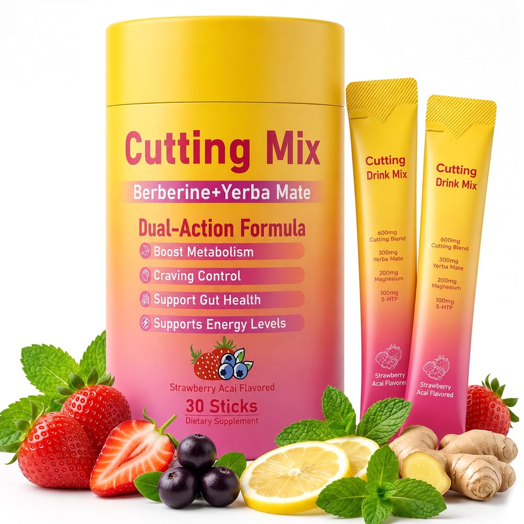 Cutting Drink Mix – Supports Satiety, Metabolism & Energy | Berberine, Chromium, FOS, Yerba Mate & 5-HTP | Gut Health & Clean Fuel | Sugar-Free, Vegan, Non-GMO | Strawberry Açaí | 30 Sticks