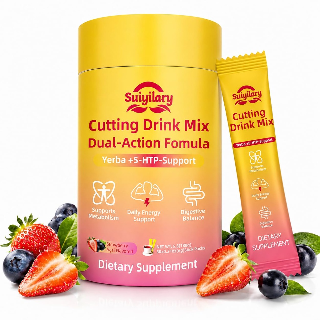 Suiyilary Cutting Drink Mix – Satiety & Metabolism Support | Berberine, Chromium, FOS, Yerba Mate & 5-HTP | Gut Health & Energy | Sugar-Free, Vegan, Non-GMO | Strawberry Açaí | 30 Sticks