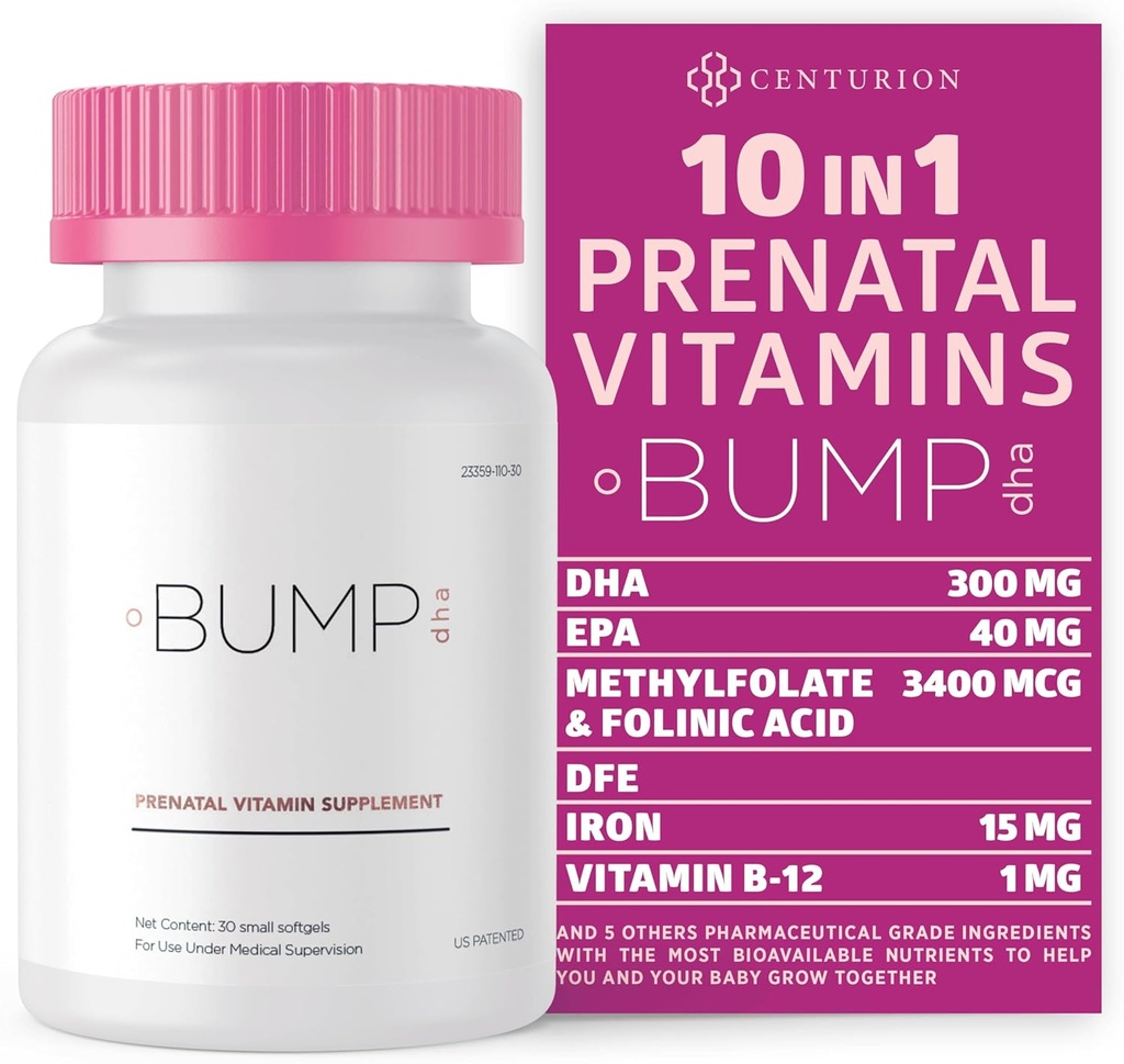 Centurion Labs Premium Prenatal Bitaminak [10 Osagai ahaltsuak] DHA, EPA, Folate eta B12 bitaminarekin, Haurdunaldi naturalaren osagarri guztiak Garapen Fetalerako eta Haurdunaldirako, 30 Softgels