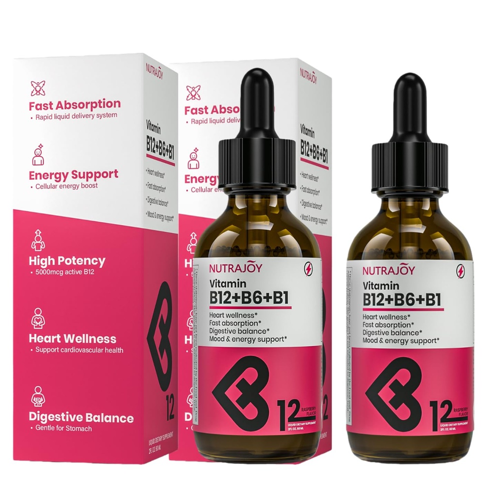 B12 B6 B1 Vitamin Liquid Drops for Women, Sublingual, Vitamin Complex -B12 Methylcobalamin for Energy, Brain, and Heart Support - 5000 mcg, Raspberry, Vegan, 2 fl oz (Pack of 2)