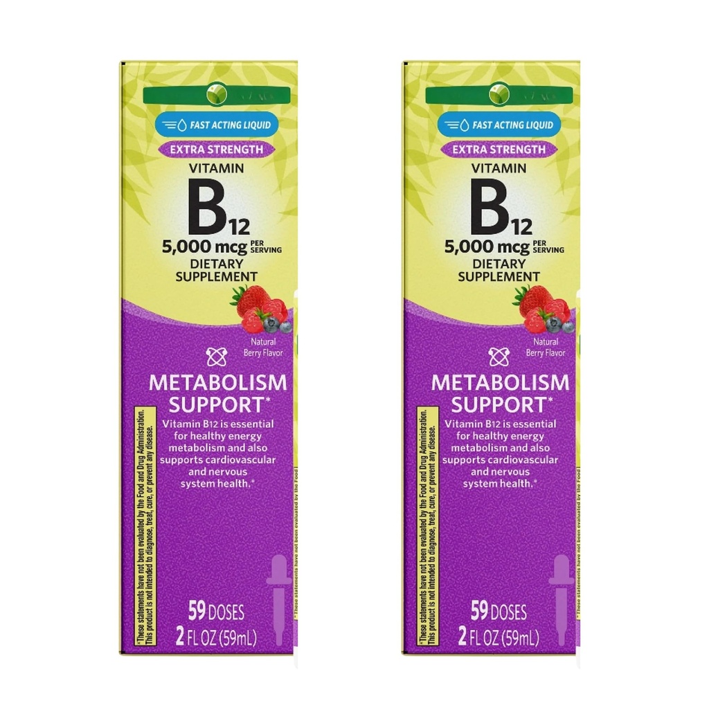 KP+ Vitamin B12 5000 mcg Fast Acting Liquid | Metabolism Support | Natural Berry Flavor | 59 mL (2 fl oz) | Gluten Free | Pack of 2