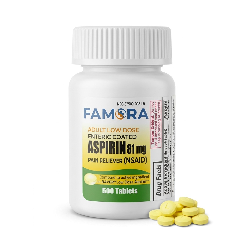 FAMORA Low Dose Aspirin 81mg Coated Tablets for Adults, 500 Count | Enteric Coated Tablets, Headache & Fever Reducer, Temporary Muscle Pain Relief & Discomfort, NSAID Pain Reliever
