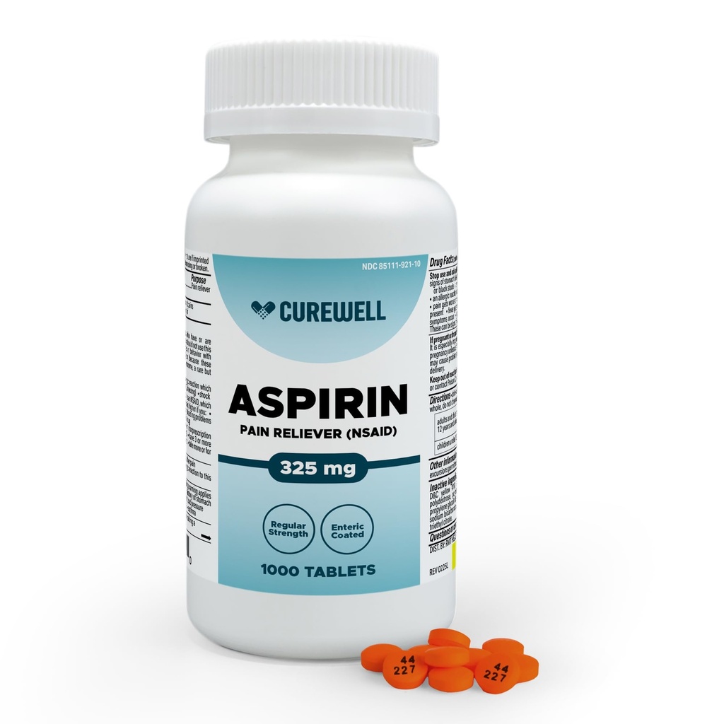 Enteric Coated Aspirin 325mg Tablets, Pain Reliever & Fever Reducer 1000 Ct | Regular strength NSAID for adults. Relieves headache, arthritis, muscle & menstrual pain. Coated for stomach comfort.