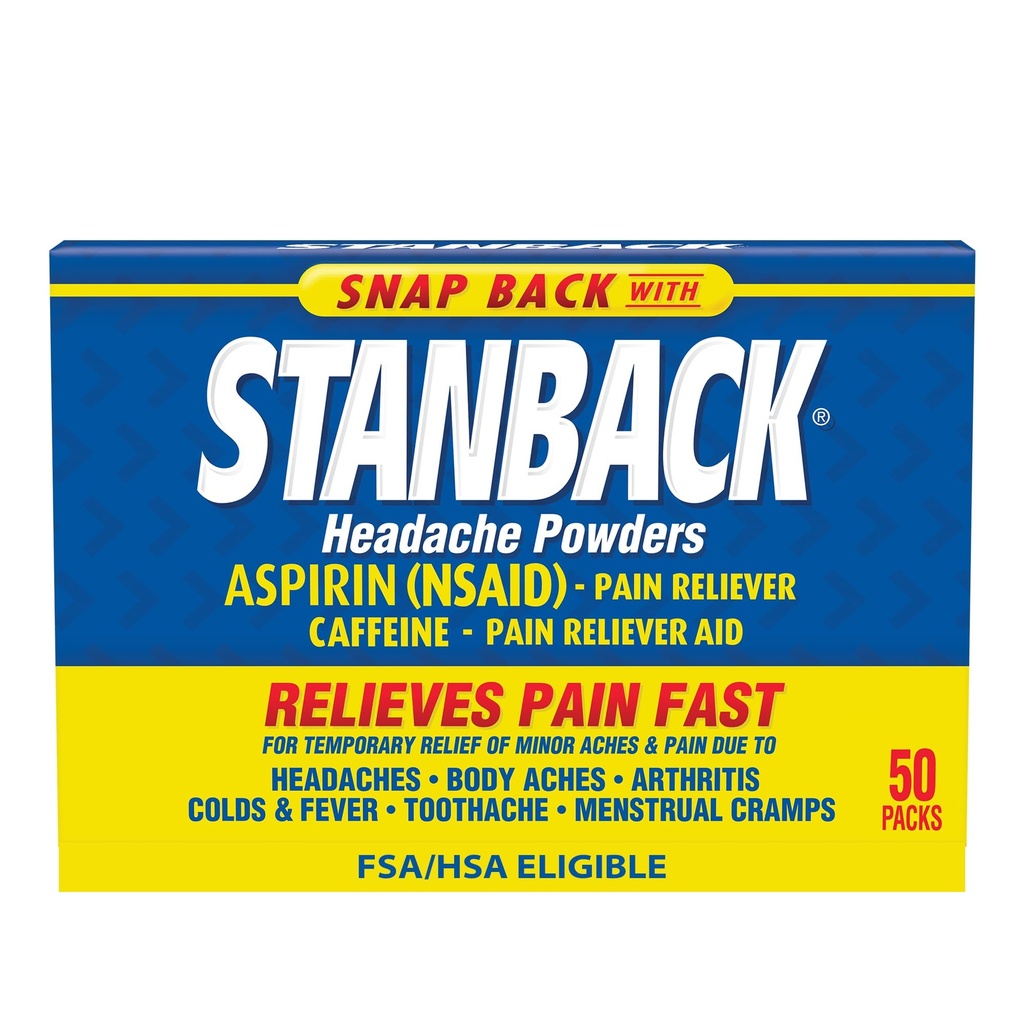 Stanback Headache Powders, Fast Pain Relief, 50 Count | Powder with Aspirin and Caffeine, Relieves Pain Fast from Body Aches, Arthritis, Colds & Fever