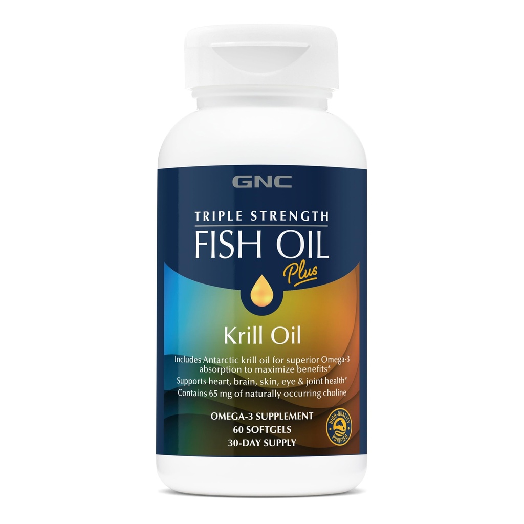 GNC Triple Strength Fish Oil Plus Krill Oil Omega 3 Supplement, 1000mg EPA and DHA, Supports Heart, Brain, Skin, Eye and Joint Health, 60 Softgels | Supports Cardiovascular Health, Vision, Brain Function, Skin Health, Omega-3 Formula, Gluten-Free, Sodium Free, Sugar Free