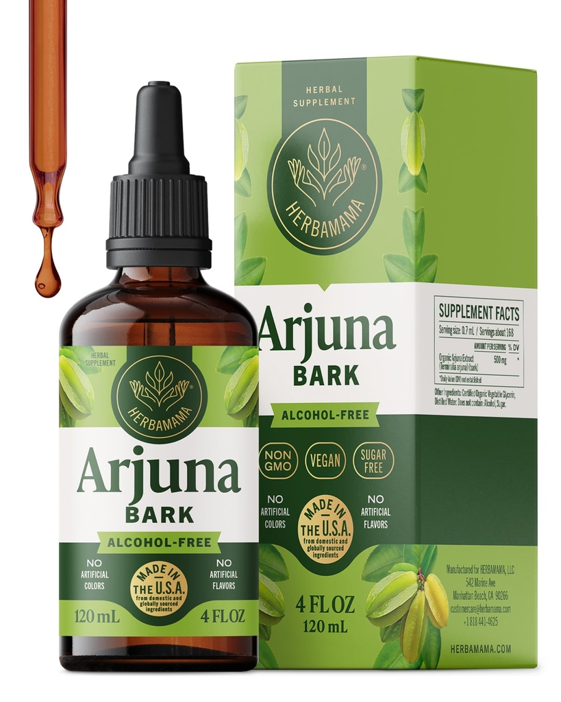 HERBAMAMA Arjuna Bark Extract - Circulation & Antioxidant Support | Cardiovascular Support Formula • Non-GMO • Alcohol & Sugar-Free • Vegan • Liquid Formula • 84-Day Supply • 4 fl oz