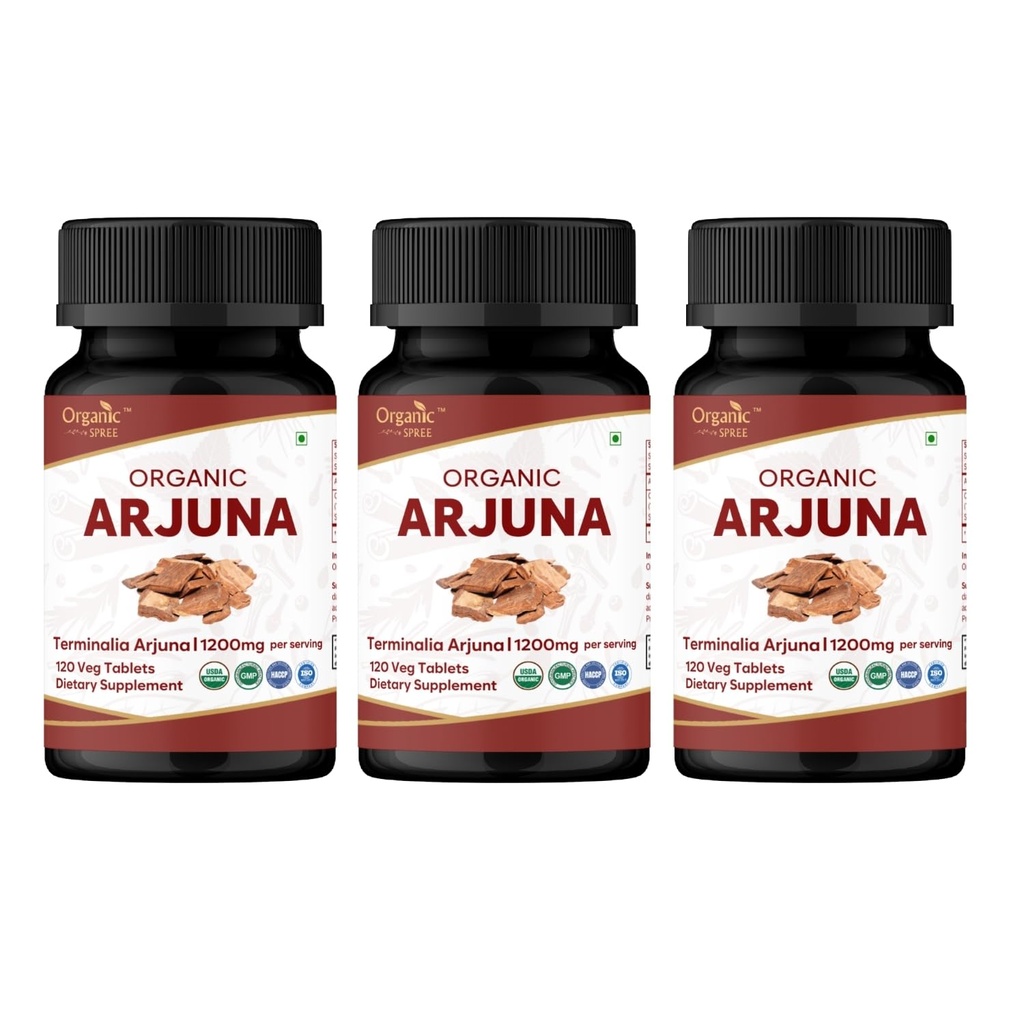 ORGANIC SPREE Arjuna 120 Tablets - Terminalia arjuna - 60 Days Supply - Supports Heart Health & Daily Wellness* | USDA Organic, GMP, HACCP Certified - Pack of 3