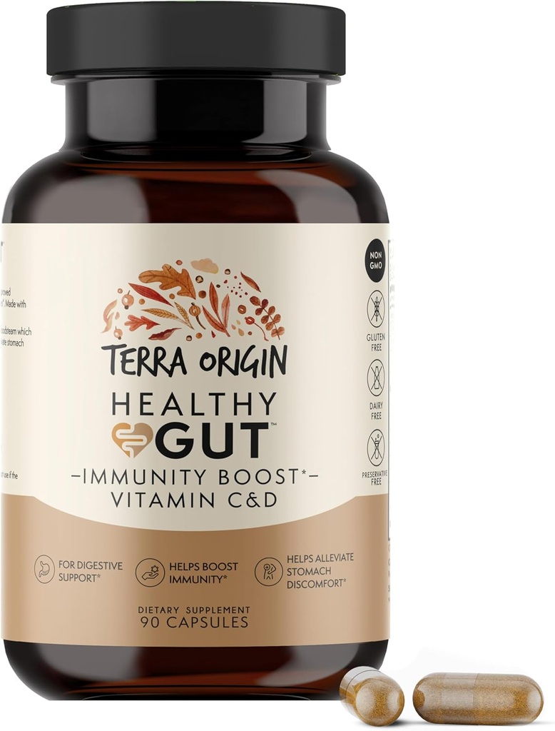 TERRA ORIGIN Healthy Gut Capsules with Immunity Boost  and 90 Capsules , Non GMO, Gluten Free, Dairy Free  and Digestive Support for Men and Women