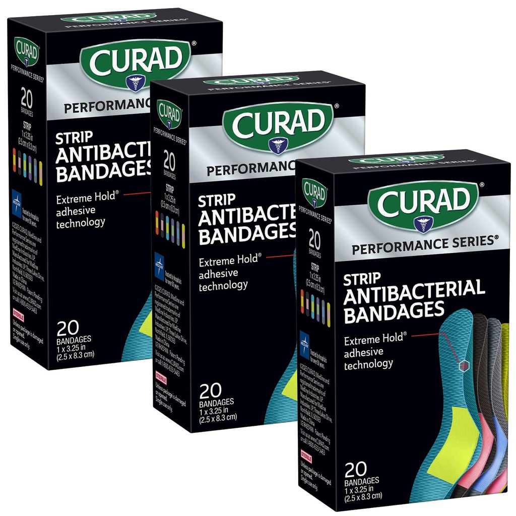 CURAD Performance Series Antibacterial Bandages, 1" x 3.25", 60 Count