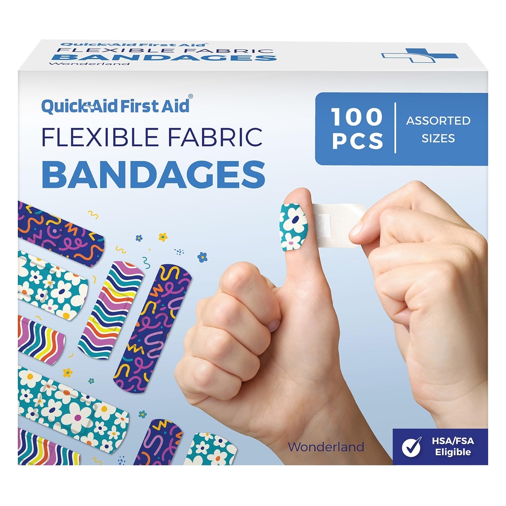 Wonderland Bandages, Bandages Variety Pack 100 Count, Fun Designs for Kids Adults, Gentle Adhesion Soft Breathable, Latex Free, Use for Minor Cuts Scrapes, First Aid Supplies