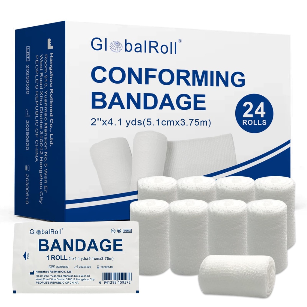 Stretch Gauze Bandage, Gauze Rolls 2'' x 4.1 Yards - 24 Rolls Individually Wrapped Conforming Stretch Bandage, First Aid Wound Care Rolls for Primary Wound Dressing Support