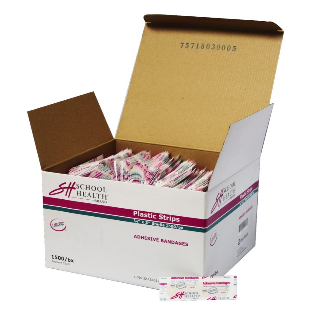 School Health Bulk Adhesive Bandages – 1500 Count Plastic 3/4″ × 3″ Strips for First Aid and Wound Care–Flexible Design with Premium Adhesive That Stays Secure During Movement–Great for Cuts & Scrapes