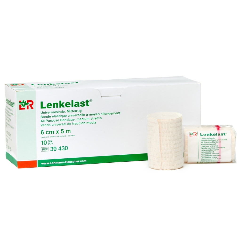 Lenkelast Medium Stretch Bandage, Elastic Compression Brandage with 130% Stretch, Lymphedema & Swelling Wrap, 64% Cotton, 35% Polyamide, 1% Elastane, Single Roll, 6 cm x 5 m