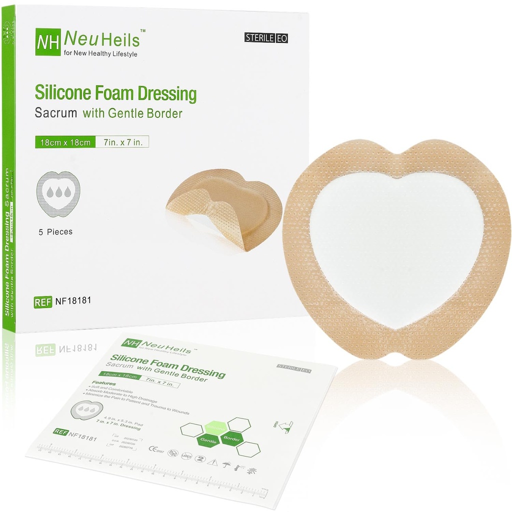 NeuHeils Sacrum Silicone Foam Dressing with Gentle Border 7”x7”, 5 Pack | Sacral Ulcers, Buttock Bedsores, Pressure Injury, Surgical Wound; High Absorbency, Pain-Free Removal, Waterproof & Cushioned