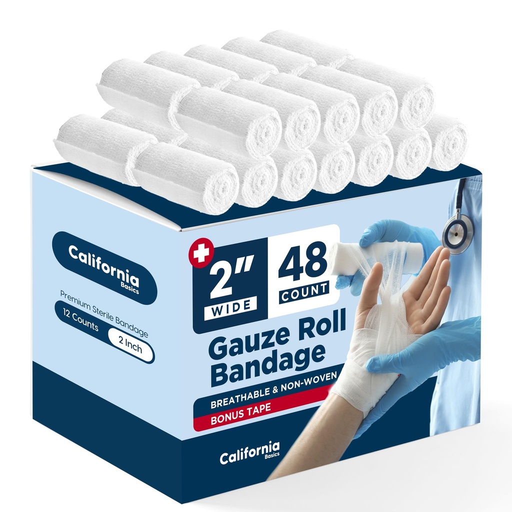 California Basics 48-Pack Gauze Bandage Roll with Tape, 2 Inches x 4 Yards - Soft, Stretchable & Breathable Wrap for Wound Care, First Aid & Medical Supplies - White