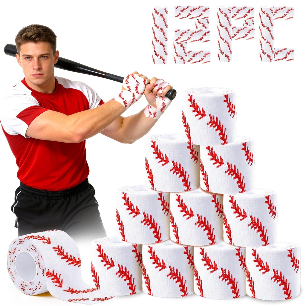 12 Pack Baseball Self Adhesive Bandage Wrap | 2"x5yds Elastic Cohesive Sport Tape for Players Finger Wrist Elbow Protection Team Gift Training Gear