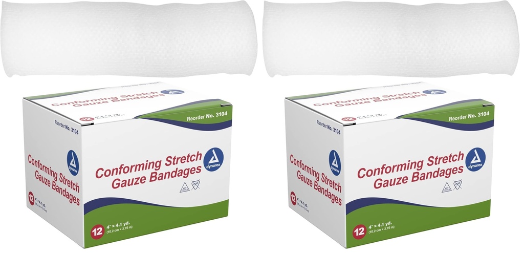 Dynarex Stretch Gauze Bandages, 4" x 4.1 yds, Non-Sterile & Latex-Free, Wound Care in Medical and Home Environments, 1 Box of 12 Dynarex Stretch Gauze Bandages (Pack of 2)