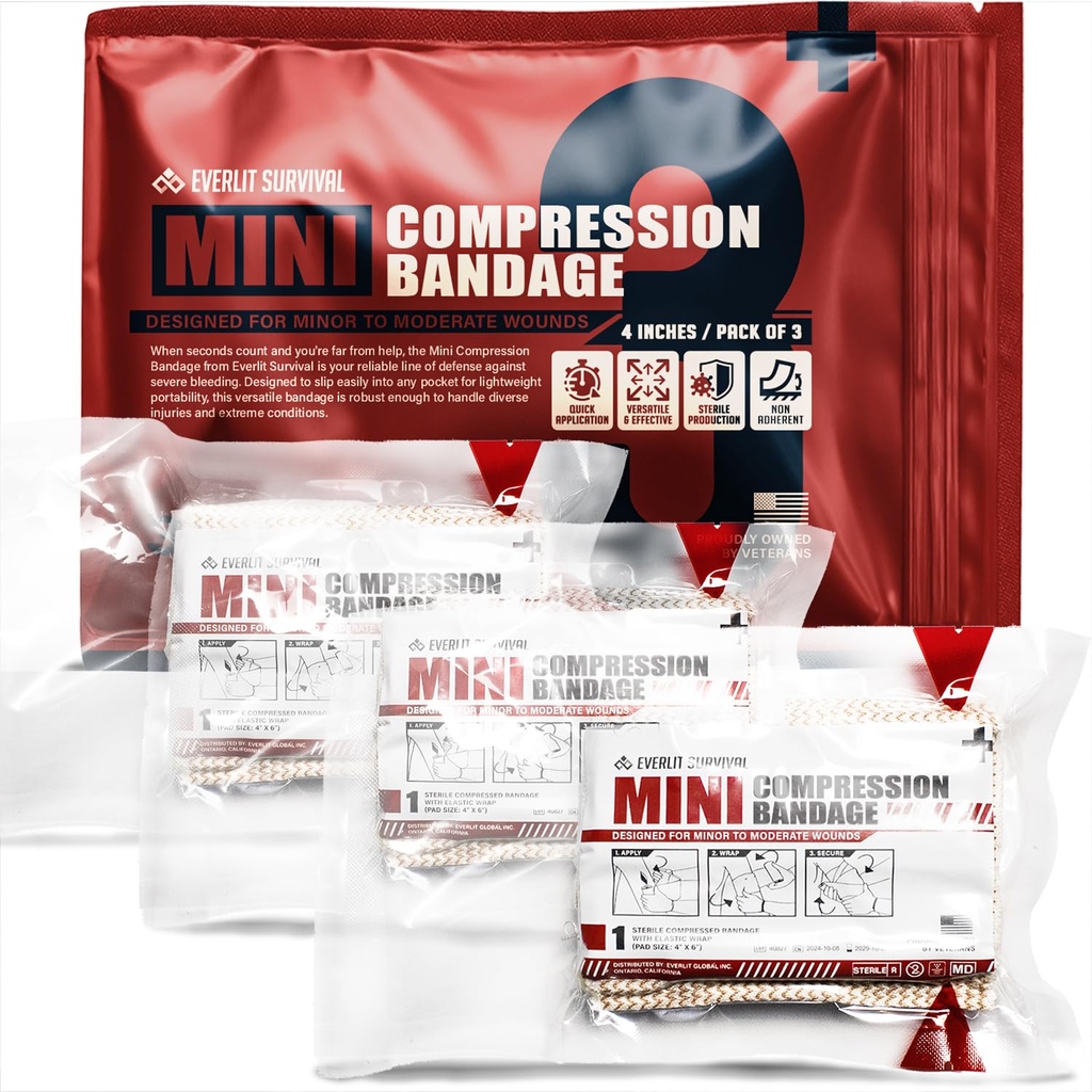 EVERLIT Mini 4 x 6 Inch Emergency Bandage Compression Trauma Pressure Wound Dressing Sterile Vacuum-Sealed for Bleeding Control, Gun Shot, Medical Kit, First Aid IFAK (3)