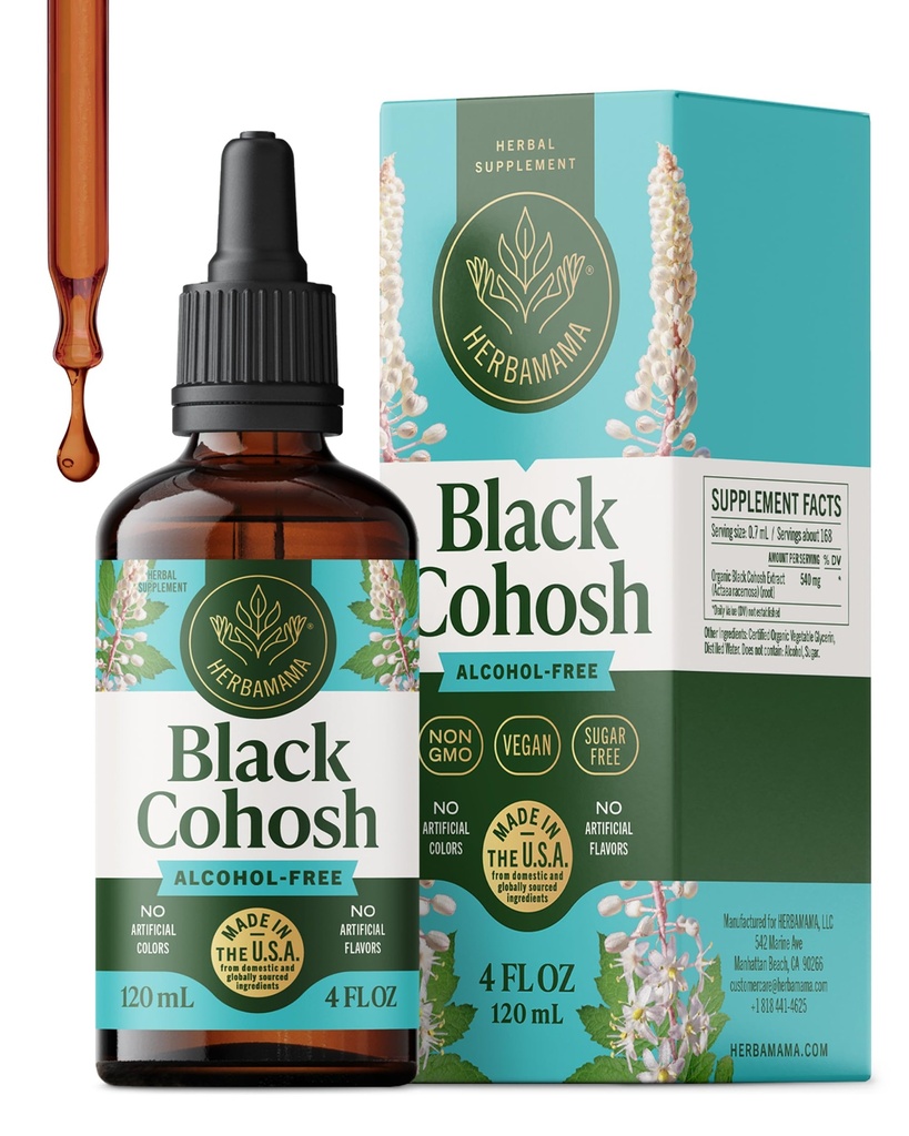 HERBAMAMA Black Cohosh for Menopause Hot Flashes - Hormone Support | Black Cohosh Supplements Women • Non-GMO • Alcohol & Sugar-Free • Vegan • Liquid Formula • 168-Day Supply • 4 fl oz