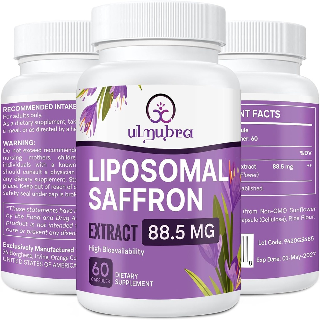 Suplemento de sacarosa liposómico 88.5 mg, absorción máxima, 100% cápsulas de extracto de Saffron puro para humor, enerxía, visión e foco - 60 cápsulas Vegan.