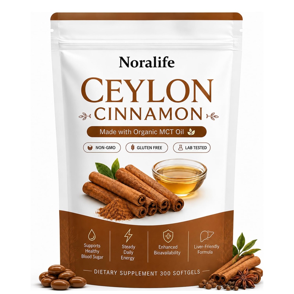 Noralife Ceylon Cinnamon Softgels with MCT Oil, Steady Energy & Metabolic Balance Support, Daily Wellness Formula, 300 Softgels