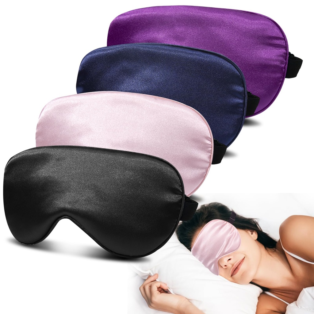 4 Pack Silk Sleep Mask, Blackout Eye Mask with Adjustable Strap | Zero Eye Pressure, Super Soft Blindfold for Women Men, Sleeping Eye Masks for Travel, Gift, Yoga (Black, Pink, Blue, Purple)