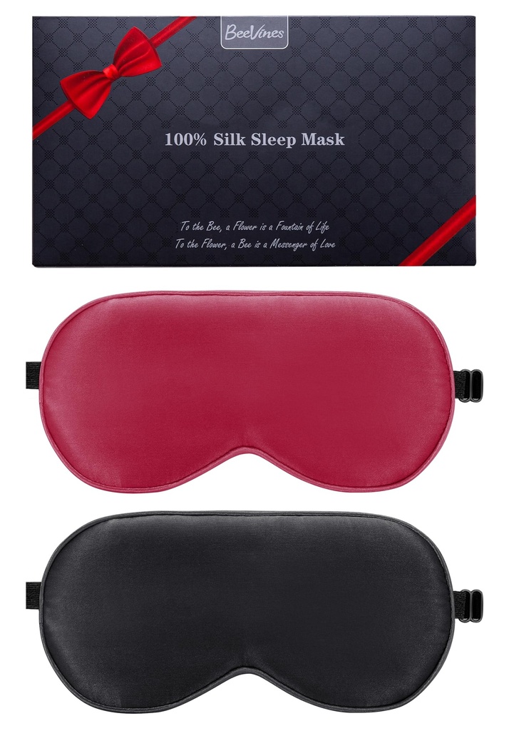 BeeVines 100% Mulberry Silk Sleep Mask, Blackout Eye Masks (Black & Red) | Natural Pure Silk Eye Shade, Real Silk Eye Cover for Sleeping, with Adjustable Strap, Reduces Puffy Eyes, Traveling Gifts