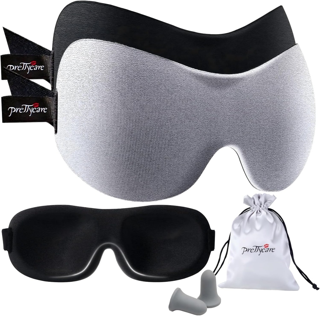 PrettyCare 3D Sleep Mask 2 Pack,Eye Mask for Side Sleeper -3D Contoured Sleeping Mask Blackout Out for Men Women - Zero Eye Pressure Blindfold with Ear Plugs, Night Masks with Travel Bag (Black＆Grey)