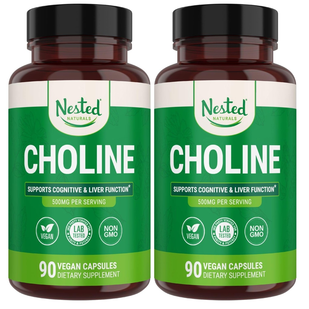 Nested Naturals Choline Bitartrate 500mg Per Serving - High Potency Choline Supplements - Supports Maternal & Fetal Health During Pregnancy* - 100% Vegan & Non-GMO - 2-Pack (180 Vegan Capsules)