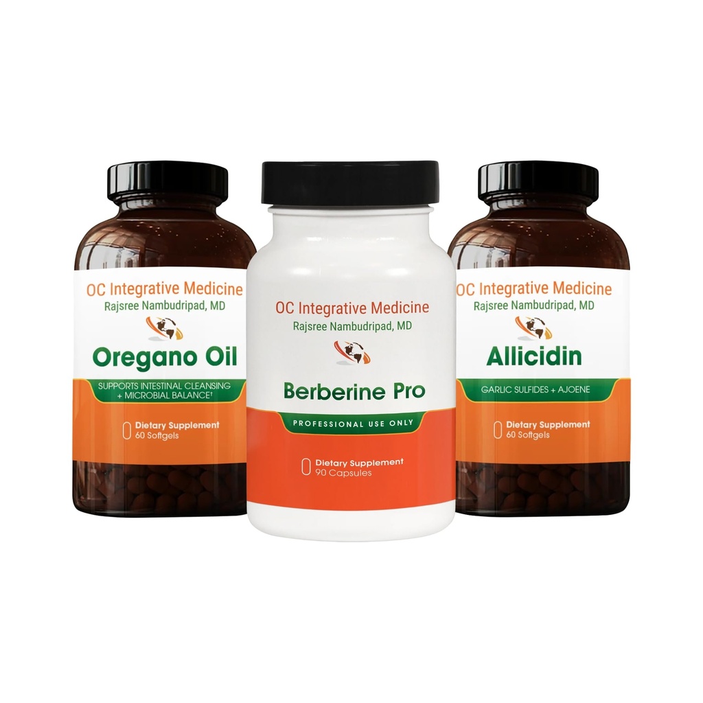 Herbal Bundle by Dr. Rajsree, Oregano Oil, 60 Softgels, Allicidin, 60 Softgels, and Berberine Pro, 90 Capsules