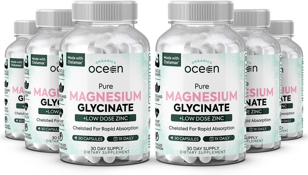 Organics Ocean Pure Magnesium Glycinate kanssa Sinkki - Maximum Strength Kelated Magnesium Supplement naisten ja miesten lihaskramppeja ja uni tuki - 6 pulloa