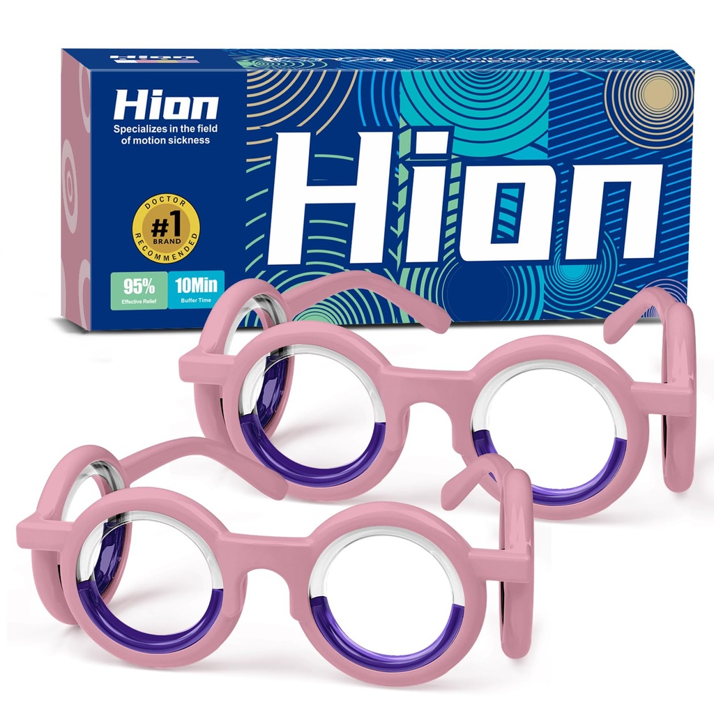 Hion Motion Sickness Glasses Relieve Carsickness Airsickness Seasickness, Anti Nausea Vertigo Glasses for Adults or Kids, 2 Pair Pink